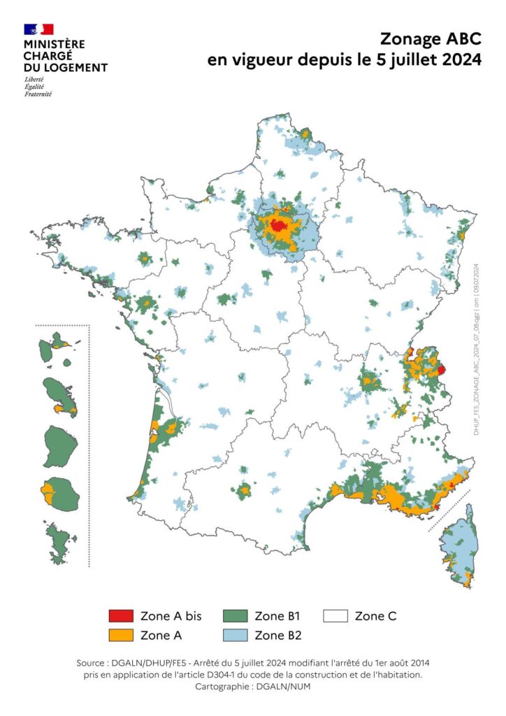 Carte de France du zonage ABC, en vigueur au 05 juillet 2024. Attention, cette carte éditée par le Ministère chargé du logement n'a pas encore té mise à jour des modifications de septembre 2025.