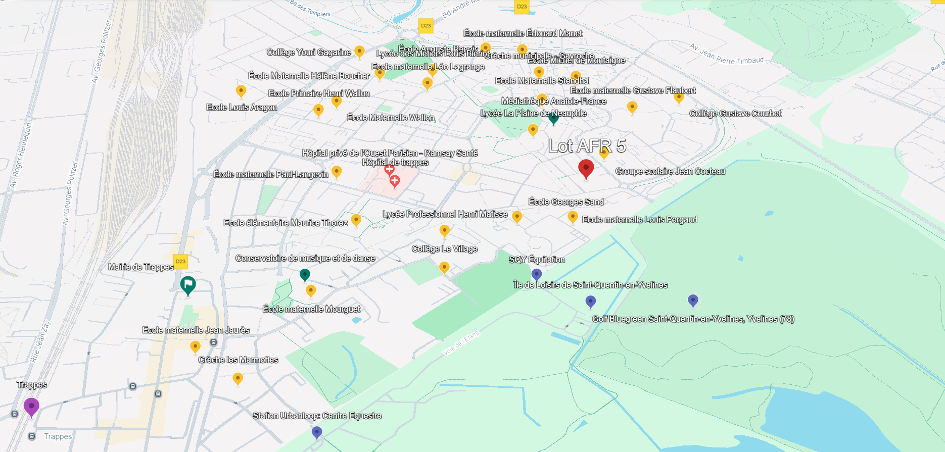 Carte de la Plaine de Neauphle à Trappes avec l'étang de Saint-Quentin-en-Yvelines. Cette carte montre les maternelles, écolé élementaires, collèges et lycées du quartier. Également, les équipements culturels, hospitaliers et sportifs.